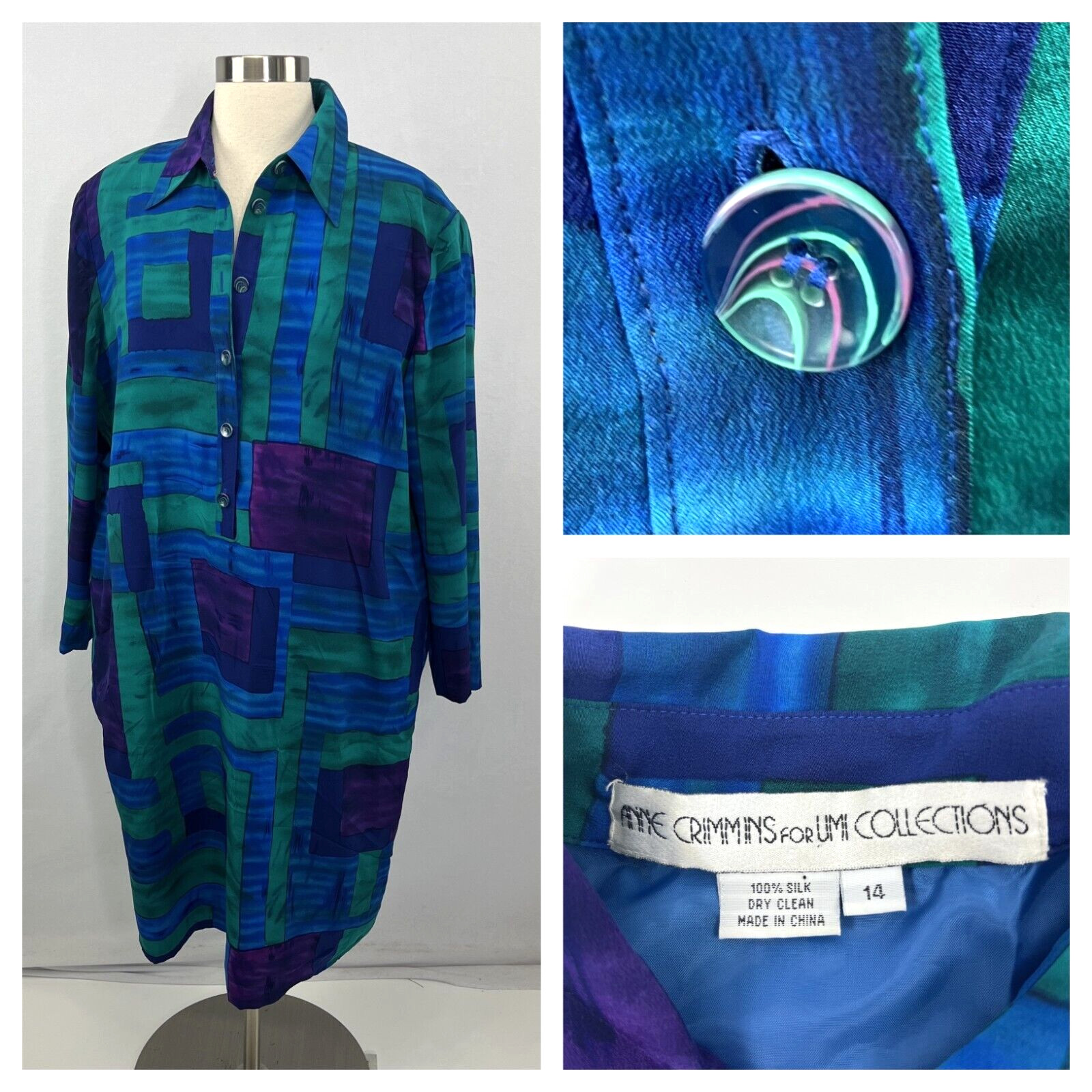 VTG Anne Crimmins for Umi Collection 100% Silk Shirt Dress Multicolor Artsy 14