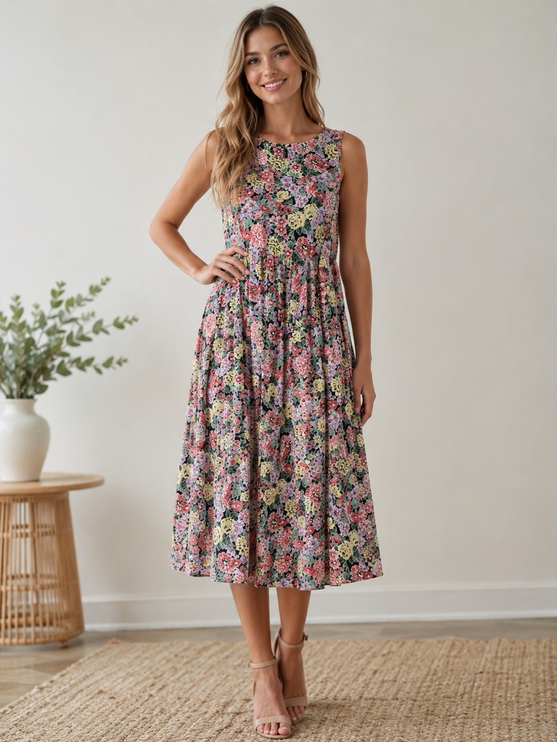 Vintage Jane Singer Multicolor Floral A-Line Midi Dress Sleeveless Round Neck M