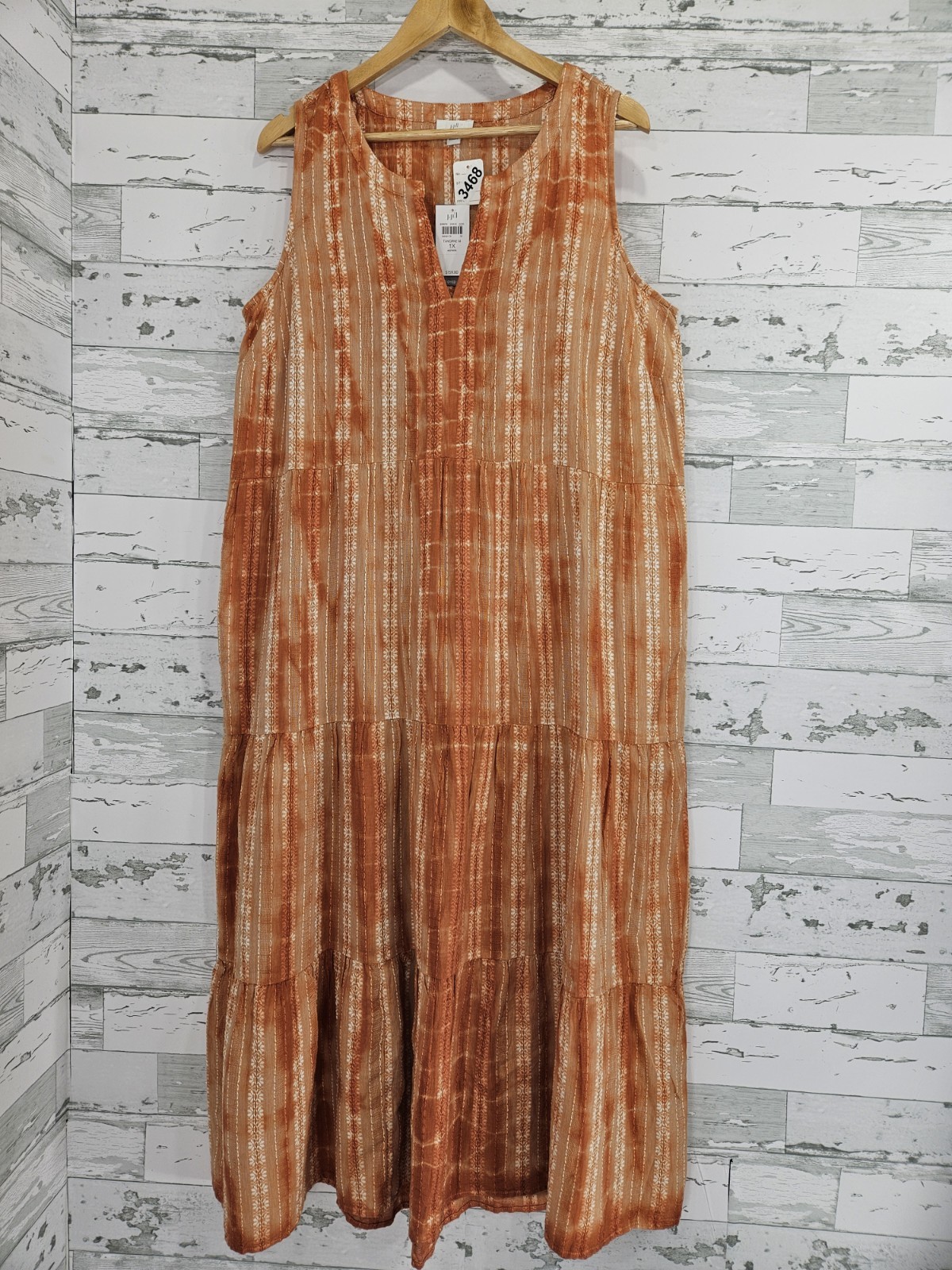J Jill Women’s 1X Cotton Hand Tie Dyed Sleeveless Tiered Maxi Dress Tangeri