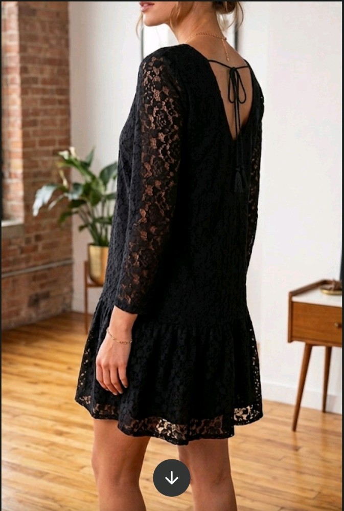Velzera mini flare dress, loose lace, gathered ruffle, v-neck, long sleeves.