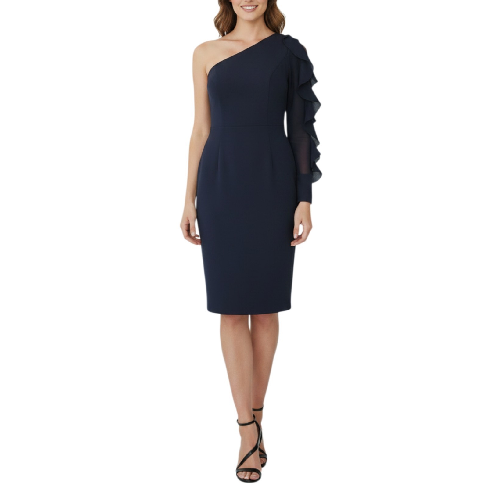 Carmen Marc Valvo Sheath Dress Size 10 Blue One Shoulder Ruffle Mesh Cocktail