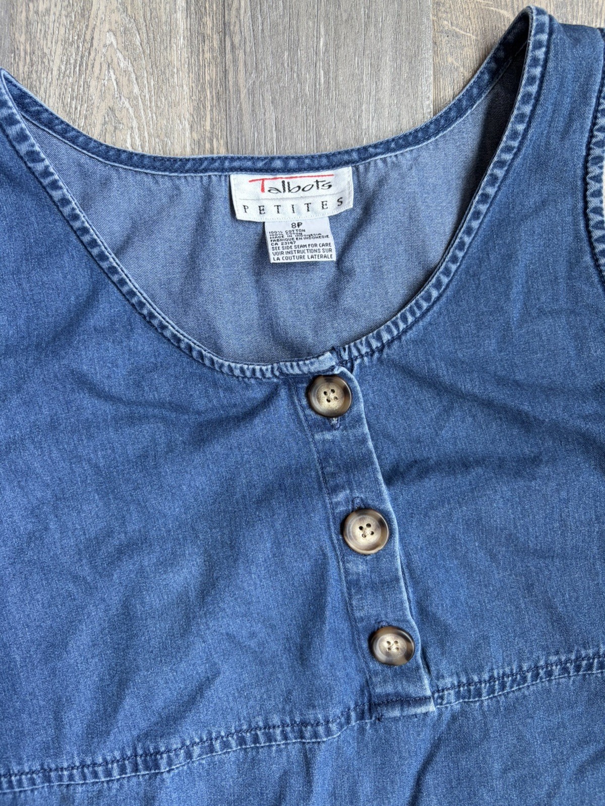 Talbots Womens Denim Maxi Dress Sleeveless Buttons Patch Pockets Size 8P Modest