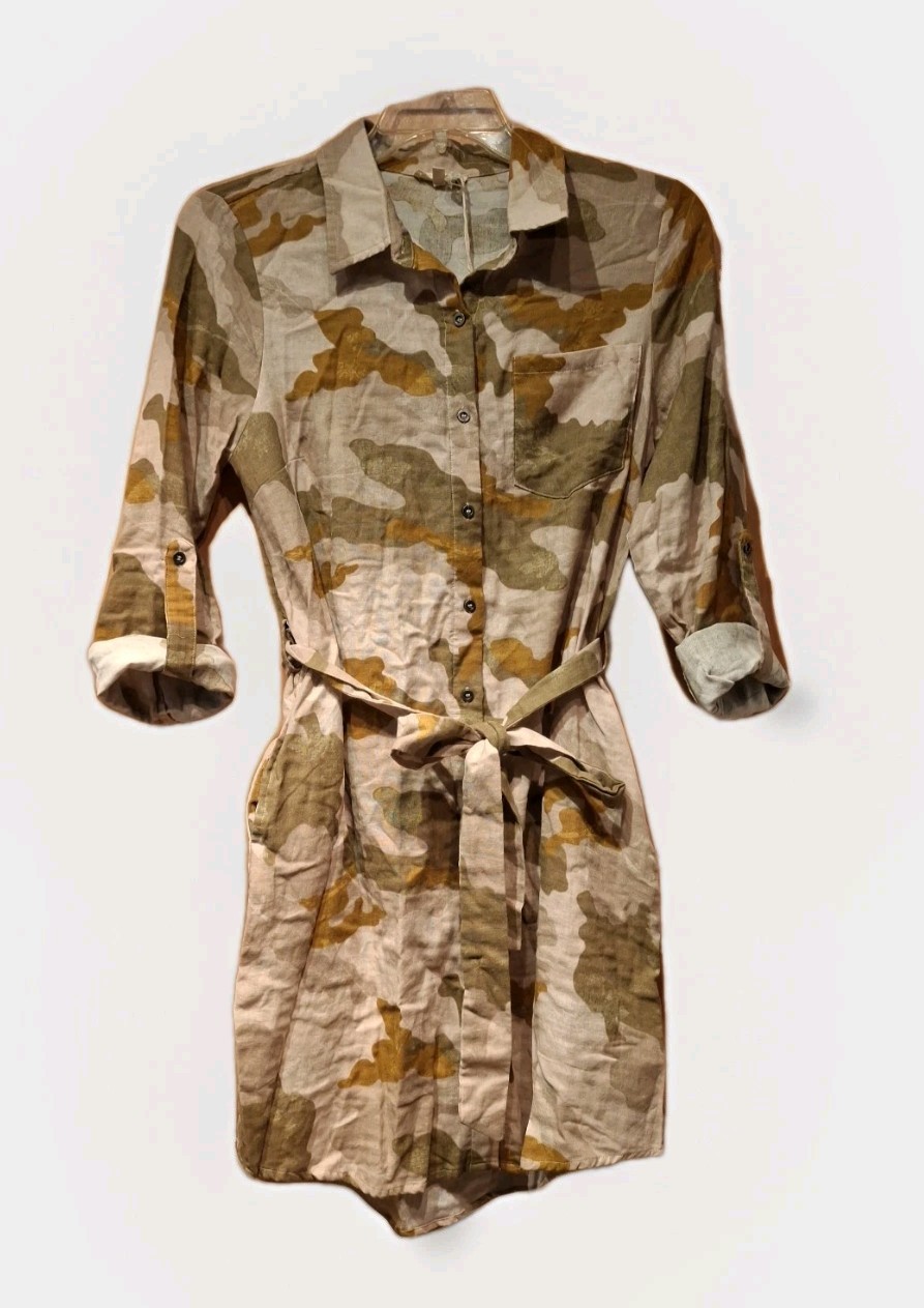 New NWT Mystree M Cotton Shirtwaist Dress Green And Tan Camo Long Sleeves