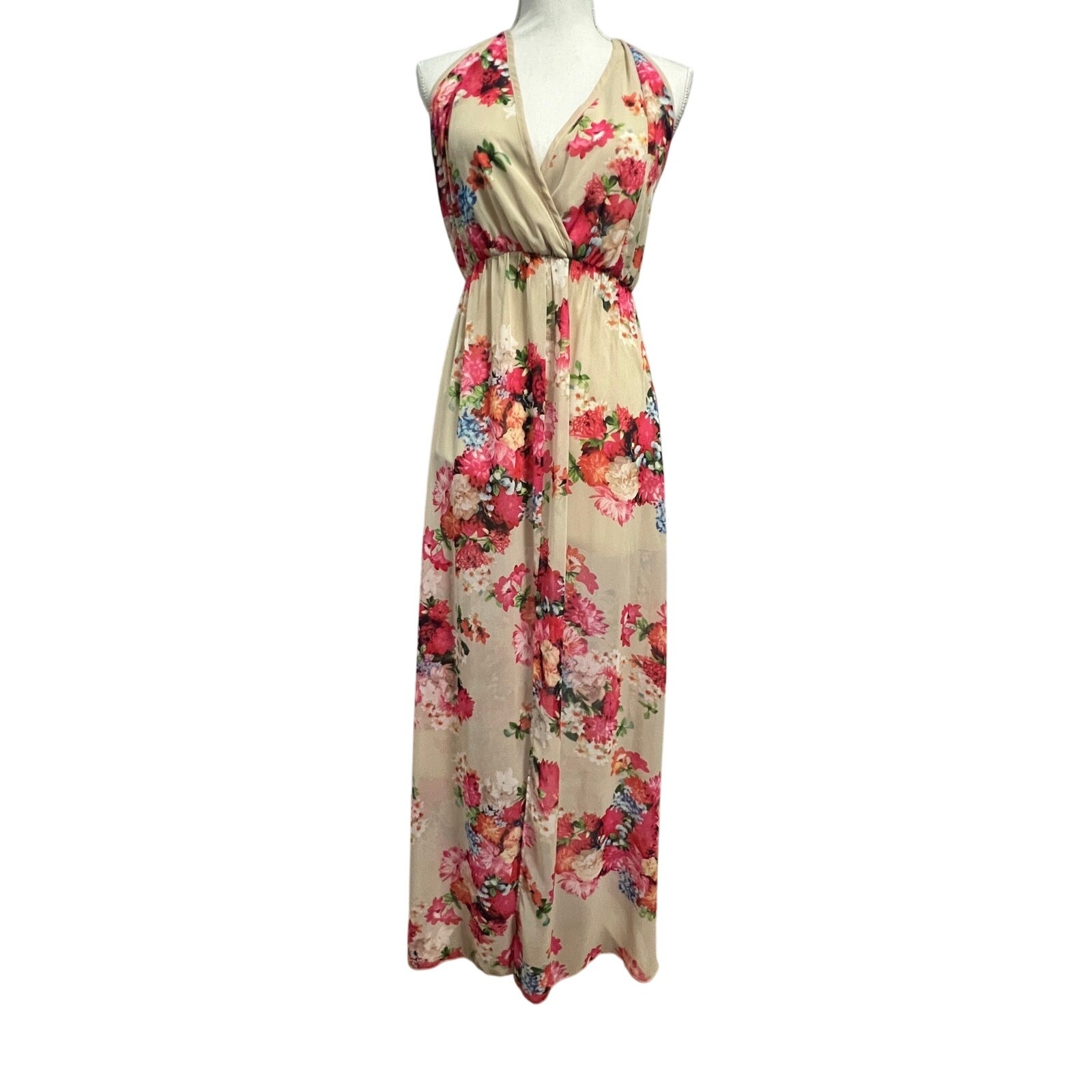 Fabrik Halter Maxi Dress Womens Medium Pink Floral Sheer Feminine Festival
