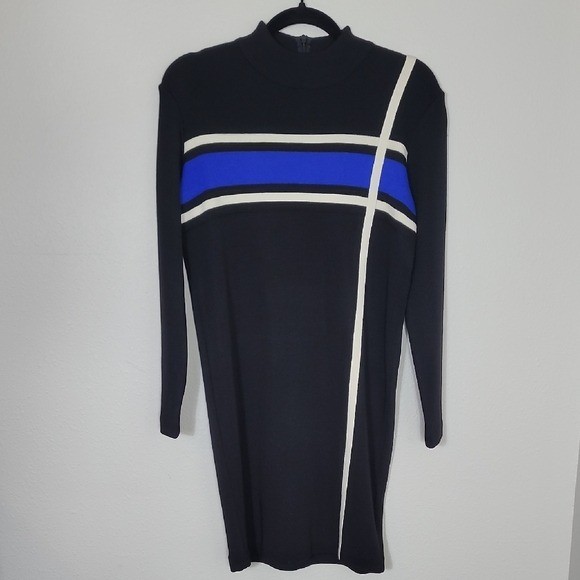 Liz Claiborne Wool Blend Sweater Dress Size XS/S Back Blue Stripes Old Money