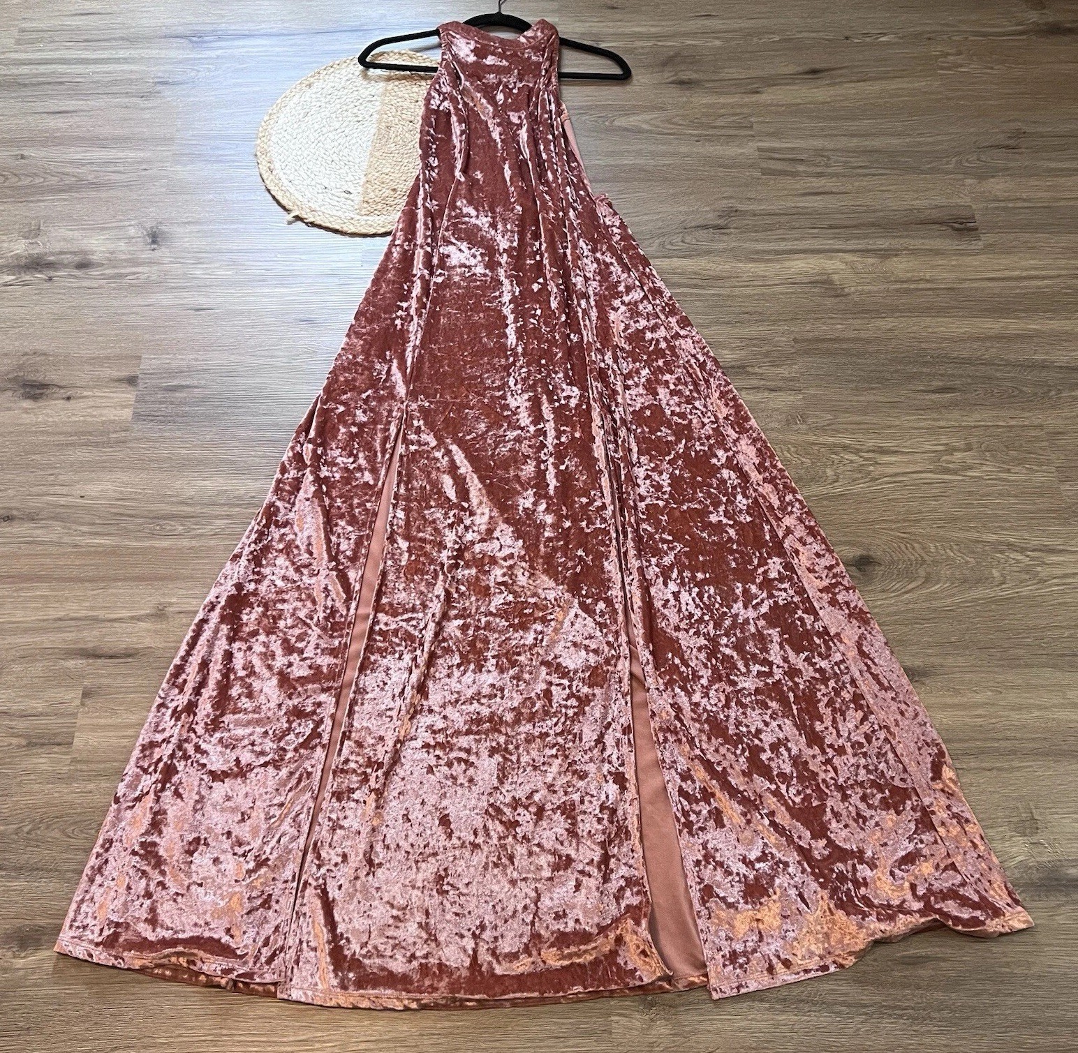LULU’S Velvet High Neck Open Back Front Slit Gown
