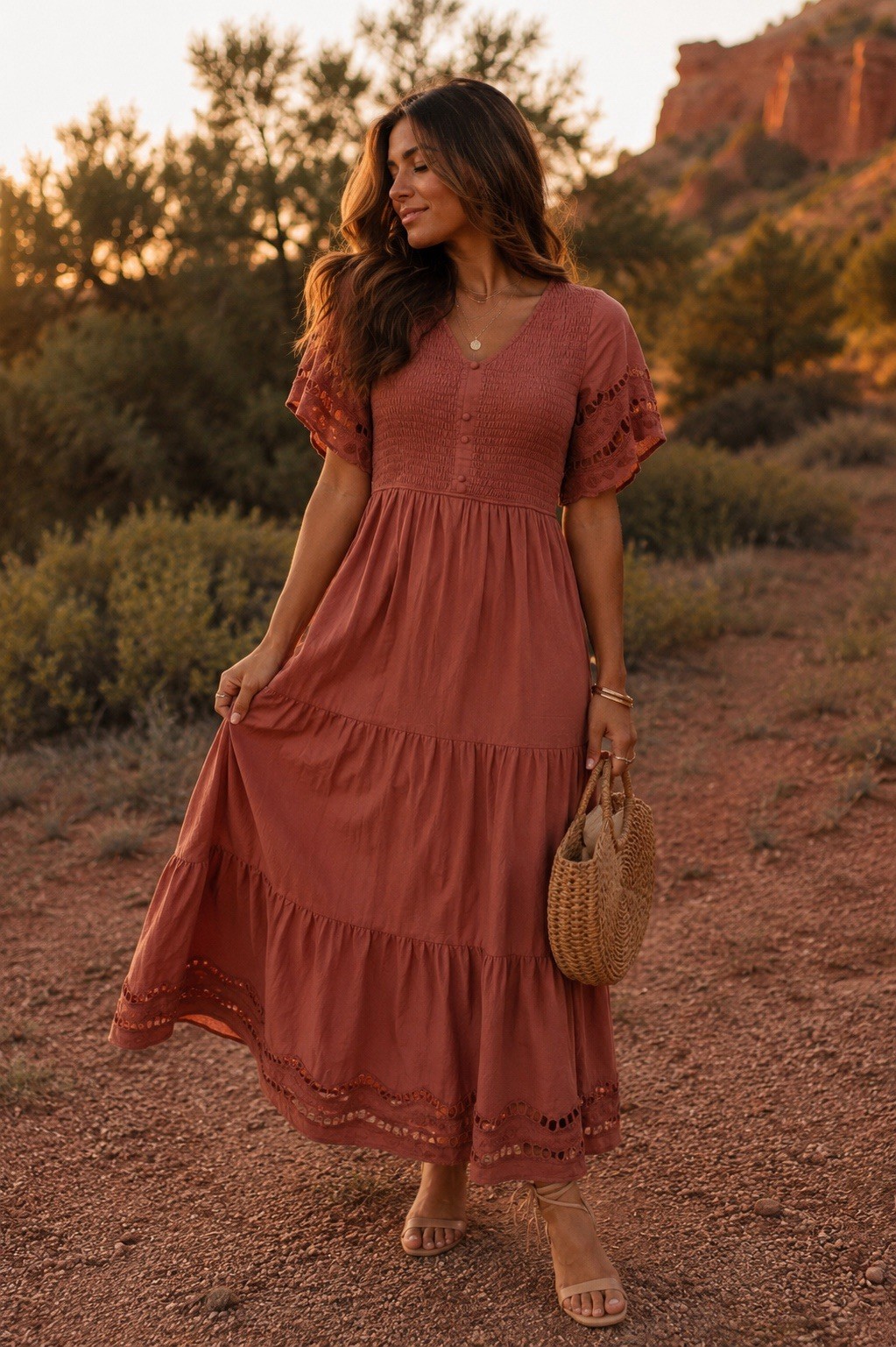 Orange Rust Boho Cottagecore Maxi Dress XXXL Embroidered Eyelet Tiered Prairie