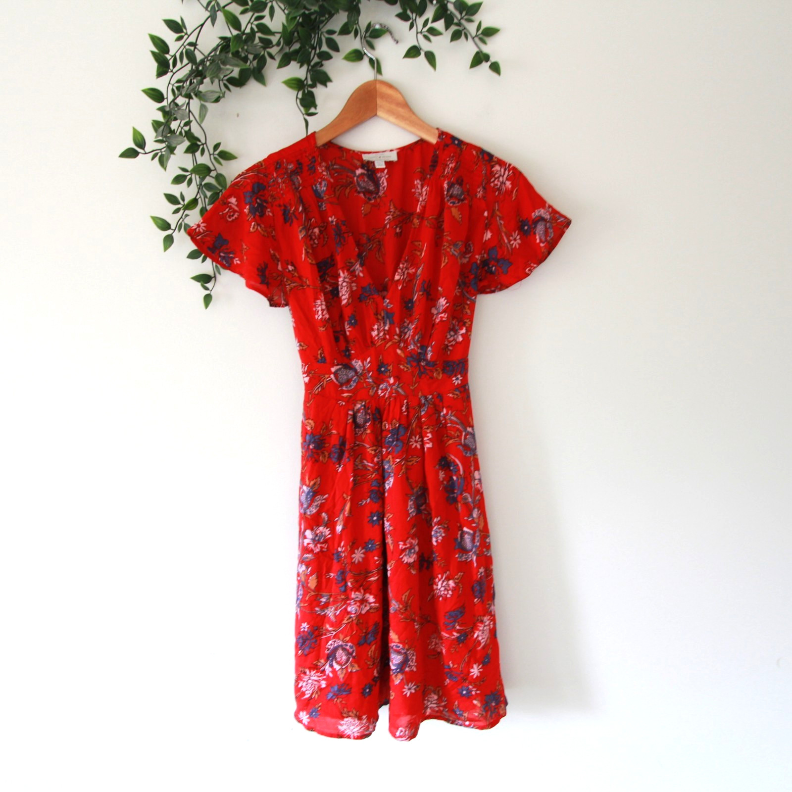 Lucky Brand Women’s Red & Blue Floral Tie Back Short Sleeve Dress Size XS