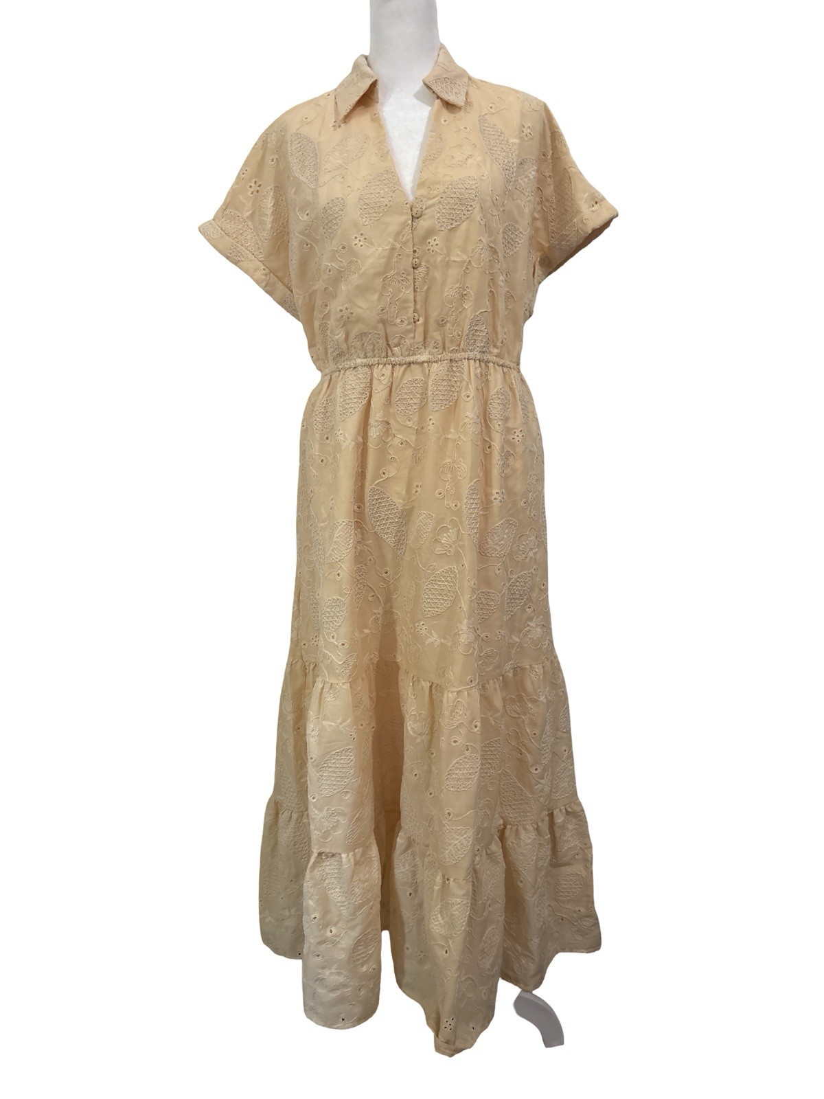 Sam Edelman NWT Vestido Maxi Eyelet Mantequilla Tiered Cuello Talla 10 $148