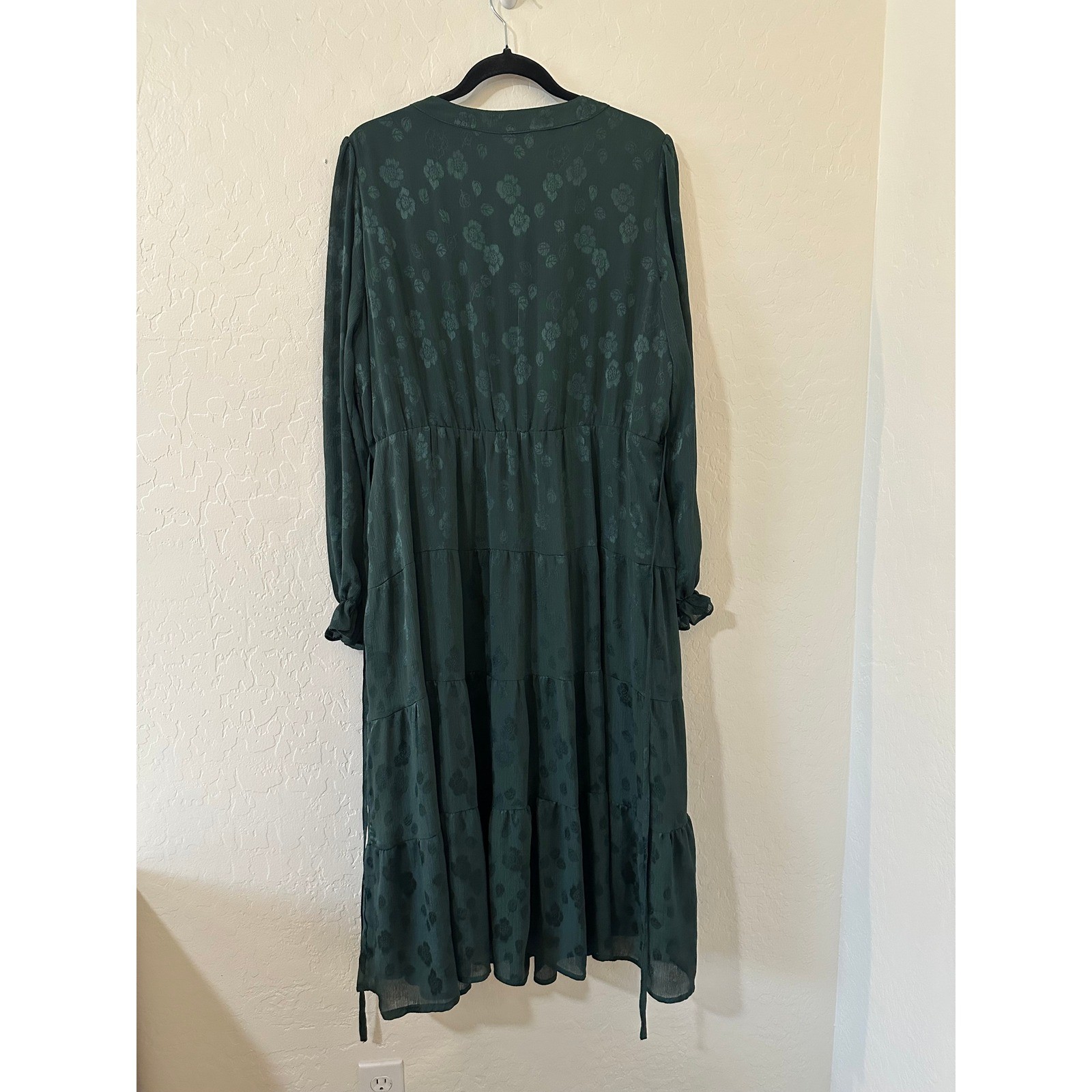 Kirundo Womens XL Green Floral Jacquard Tiered Midi Dress Cottage Formal Event