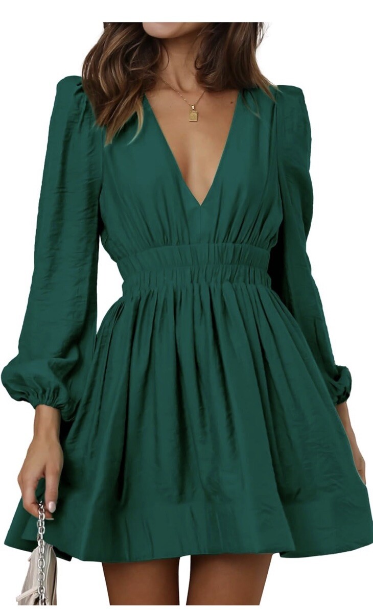 Womens Mini Dress Deep V-Neck Long Sleeve Green Color Dress