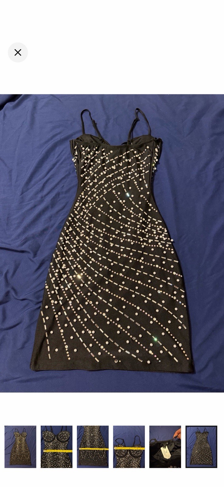 Windsor Black Beaded Rhinestone Bodycon Mini Dress XS Sweetheart Strappy