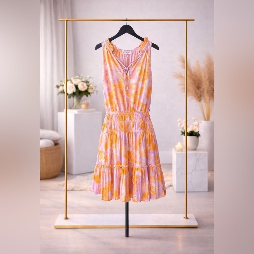 REVOLVE Pink & Yellow Floral Tie-Front Tiered Mini Dress