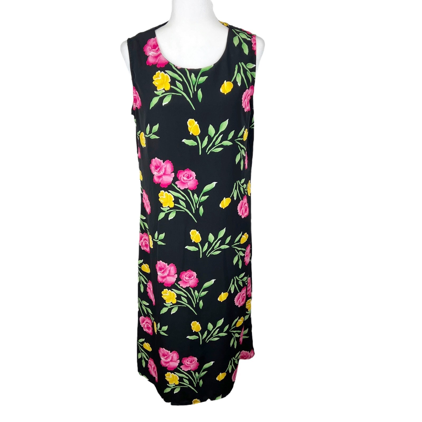 Vintage Kathie Lee Collection Dress Women 12 Black Pink Flora Sheath A-Line Maxi
