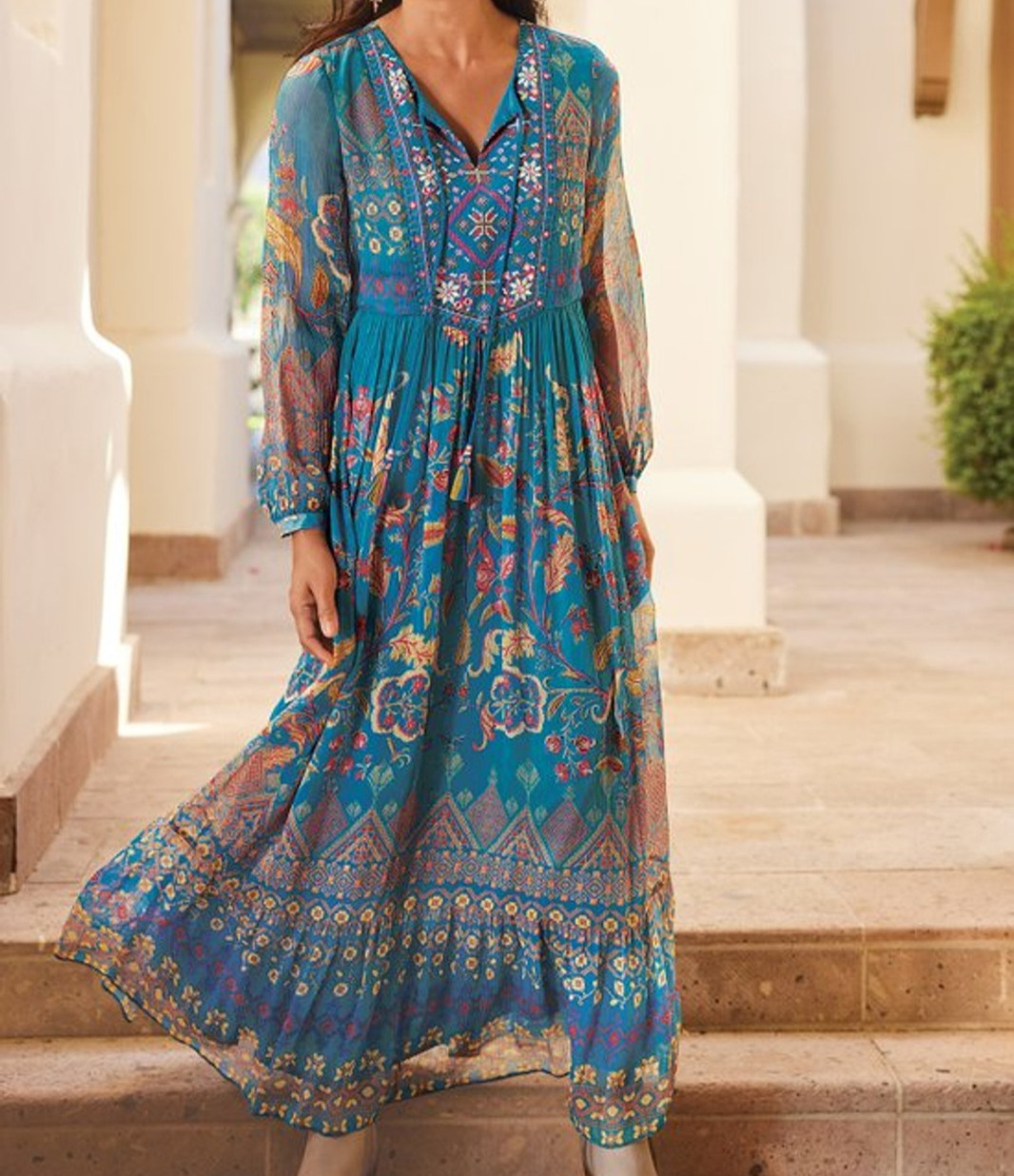 NEW Soft Surroundings Mirapani Dress-Embroidered Beaded Boho Floral Maxi-Size S
