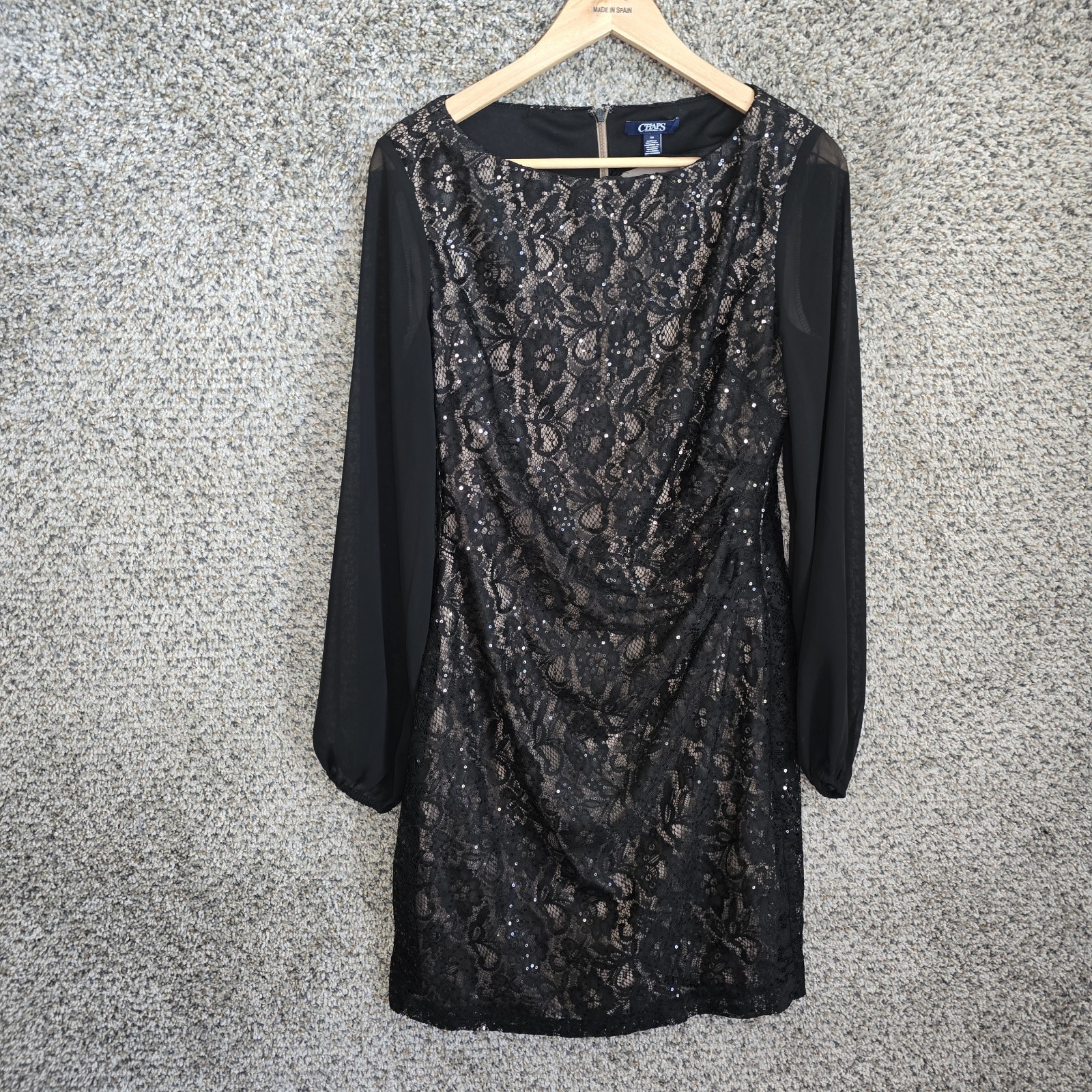 Chaps Dress Womens 10 Black Lace Sequined Long Sleeve Zip Sheath Boat Neck