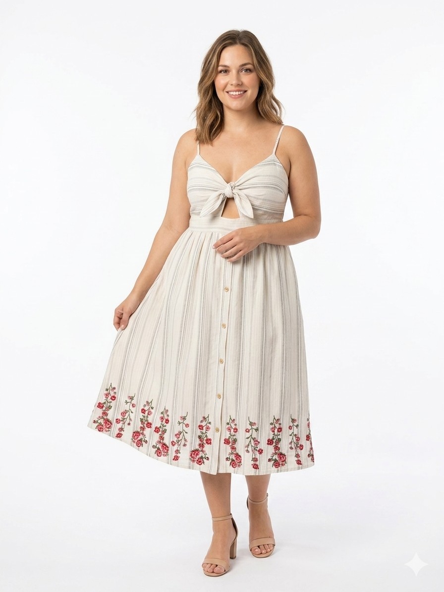 Andree’ Embroidered Cotton Midi Dress Front Tie Side Pockets M