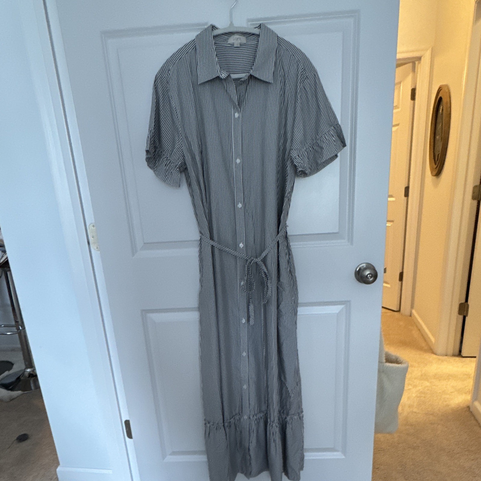 LOFT Women’s L Gray/White Striped Button-Front Belted Maxi Shirt Dress
