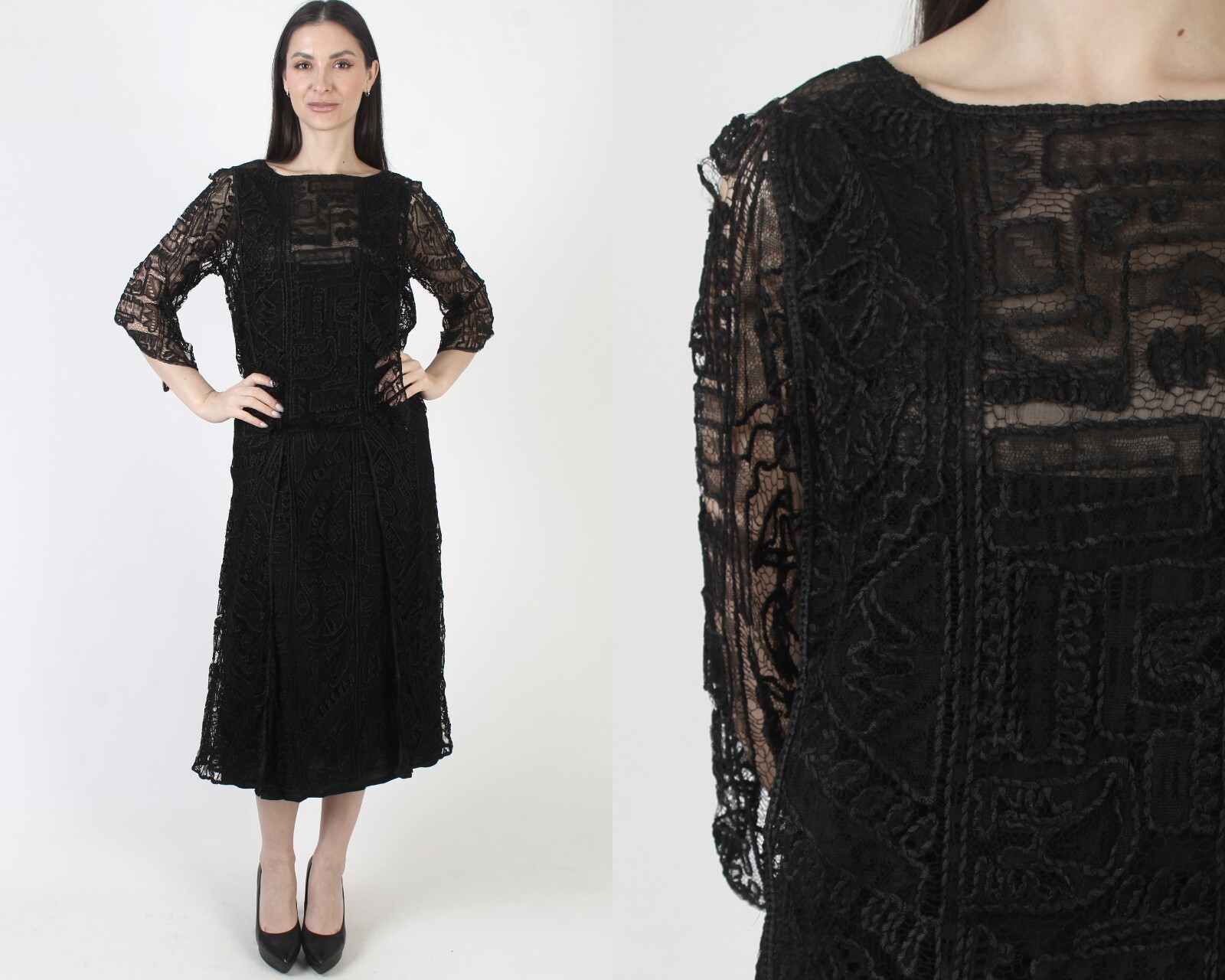 Vintage Black Edwardian Dress Victorian Thurn Deco Crochet Flapper 20s 30s Gown