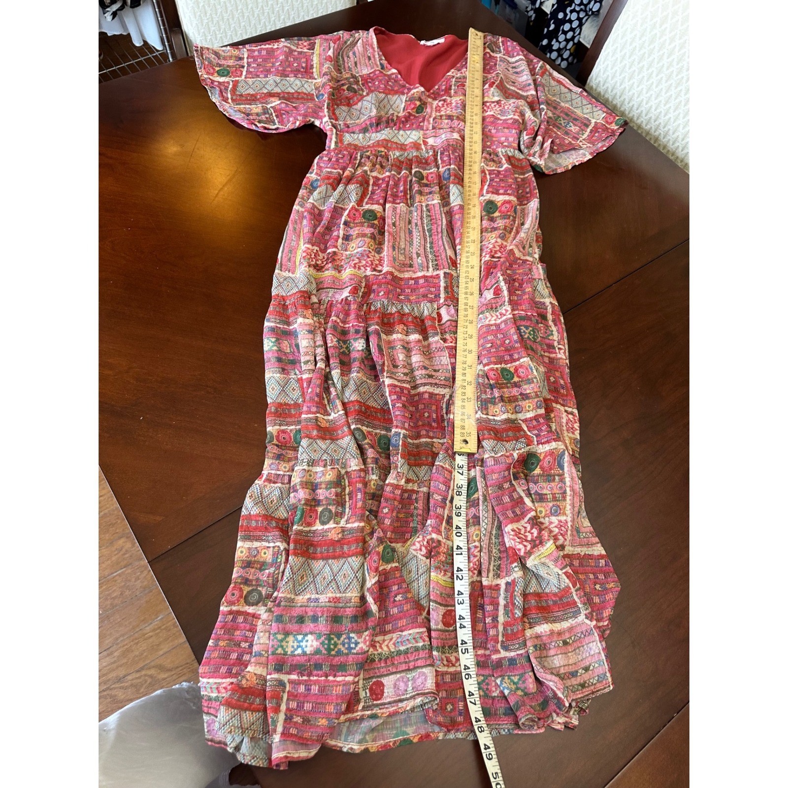 Entro Pink Red Print V-Neck Tiered Maxi Dress Small D22476 Boho Smocked