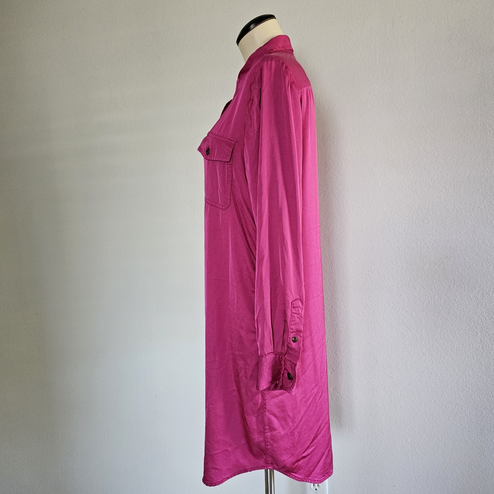 Ralph Lauren Vivid Pink Satin Button-down Long-sleeve Rounded Hem Dress Size 10