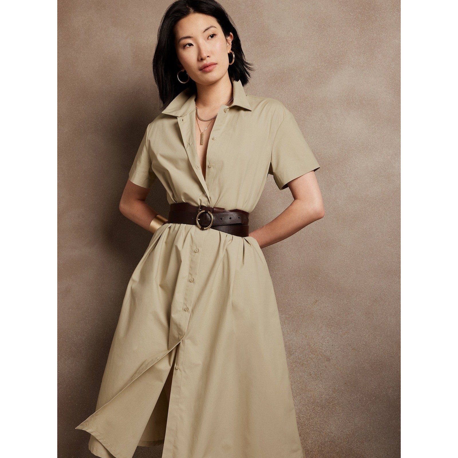 Banana Republic Midi Shirt Dress Women L Collared Button Front Khaki Minimal