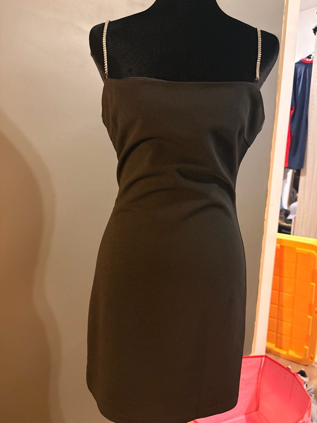 Bobbles & Lace Women’s Black Midi Dress with Rhinestone Straps