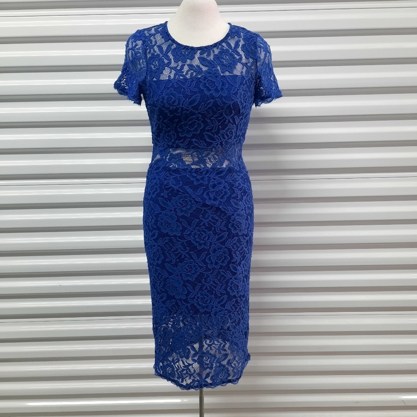 NSR Dress Womens Small Blue Lace Short Sleeve Sheer Cocktail Party Wedding