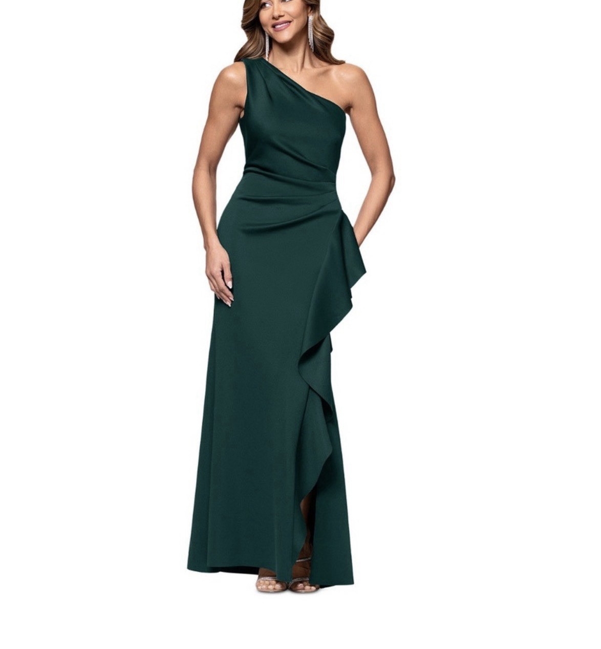 XSCAPE Green Knit One-Shoulder Ruffle Lined Maxi Dress Formal Party Size 14