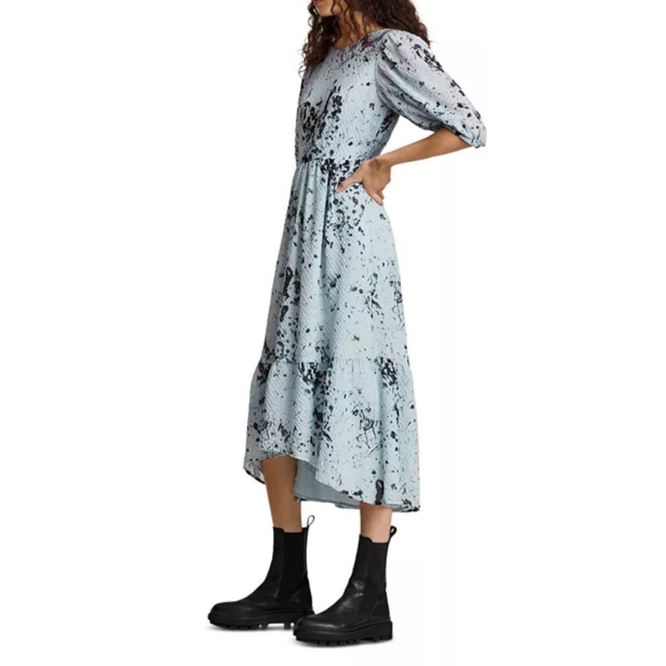 AllSaints Sadie Fortune Dress Light Blue Splatter Puff Sleeve Midi US 10 WD065V