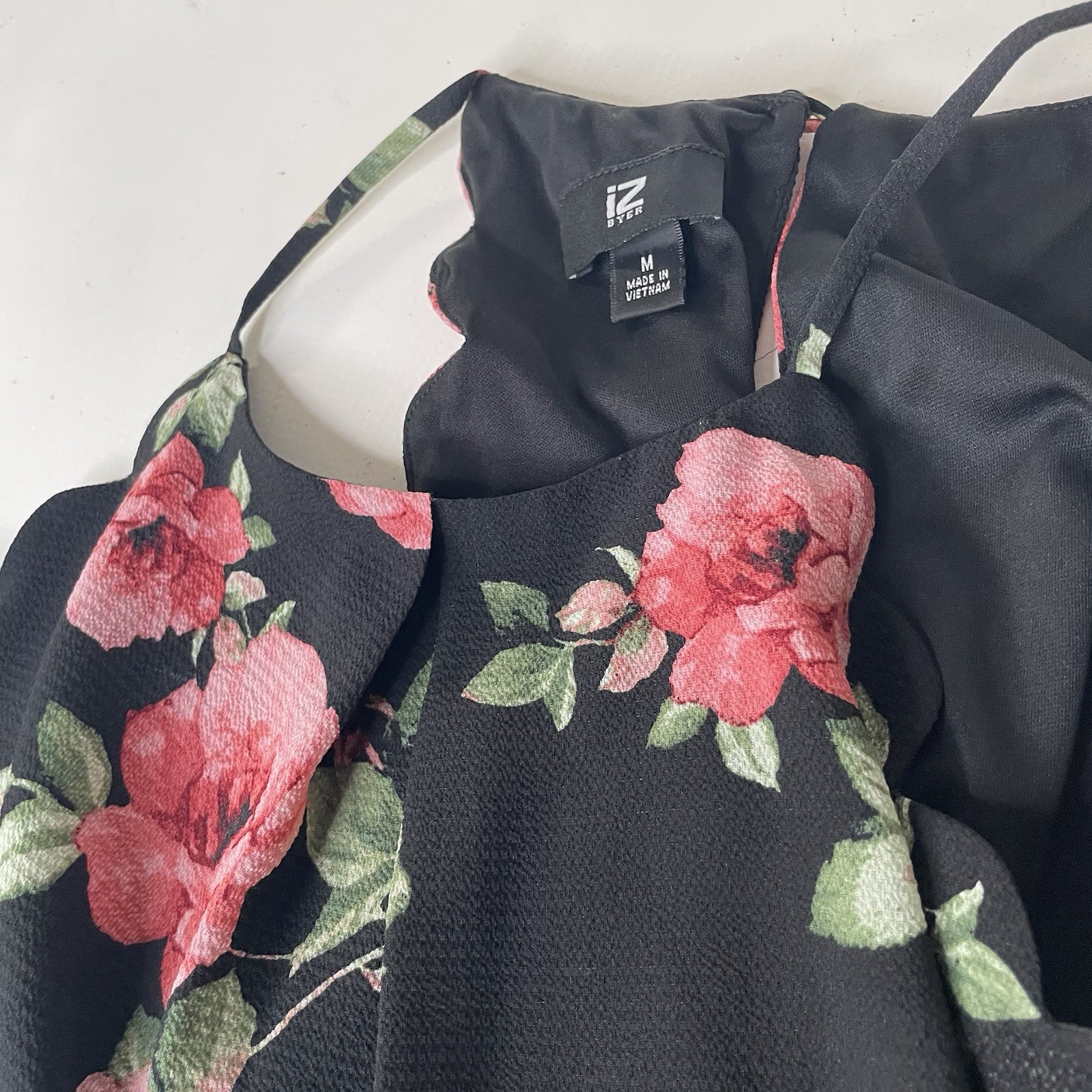 IZ Byer Women’s Size M Black Pink Green Floral Chiffon V-Neck Midi Dress