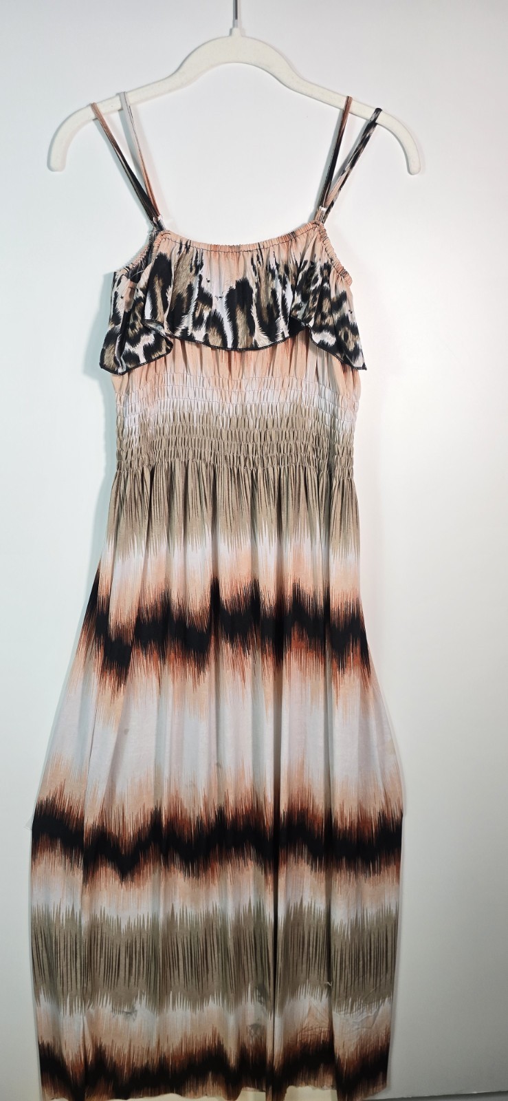 Alyx Beige Brown Black Animal Print Maxi Dress S Square Neck Strappy Smocked