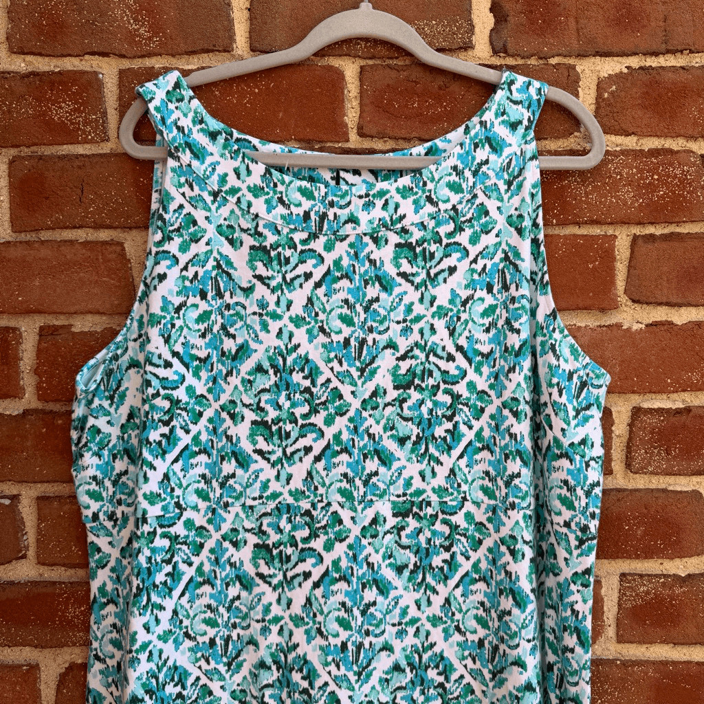 Talbots Women’s Ikat Floral Print Sleeveless Midi Dress White Blue green 2X NEW