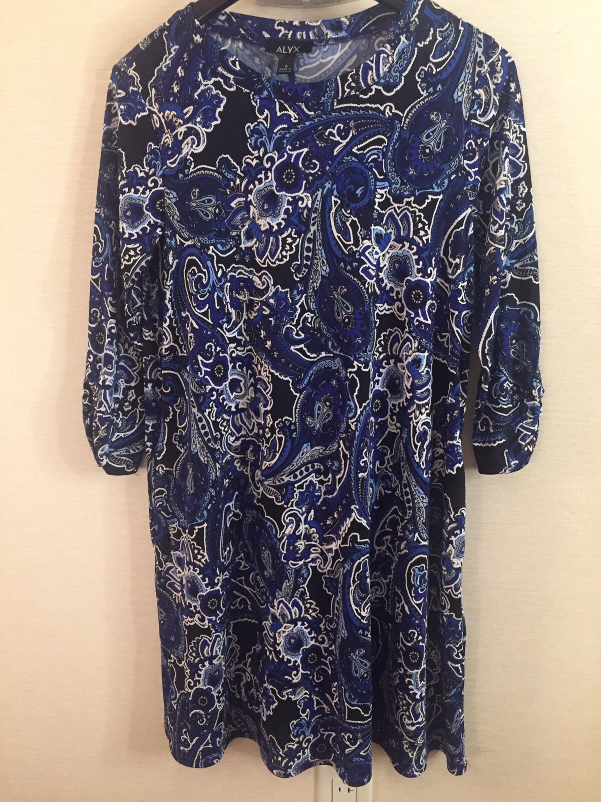 Alyx Womens Paisley Print Shift Dress Size S Blue 3/4 Sleeves Stretch Pockets