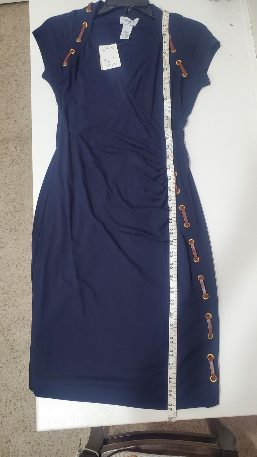 CARMEN NEW NAVY SHORT SLV. DRESS W/ LEATHER DETAIL SZ. S