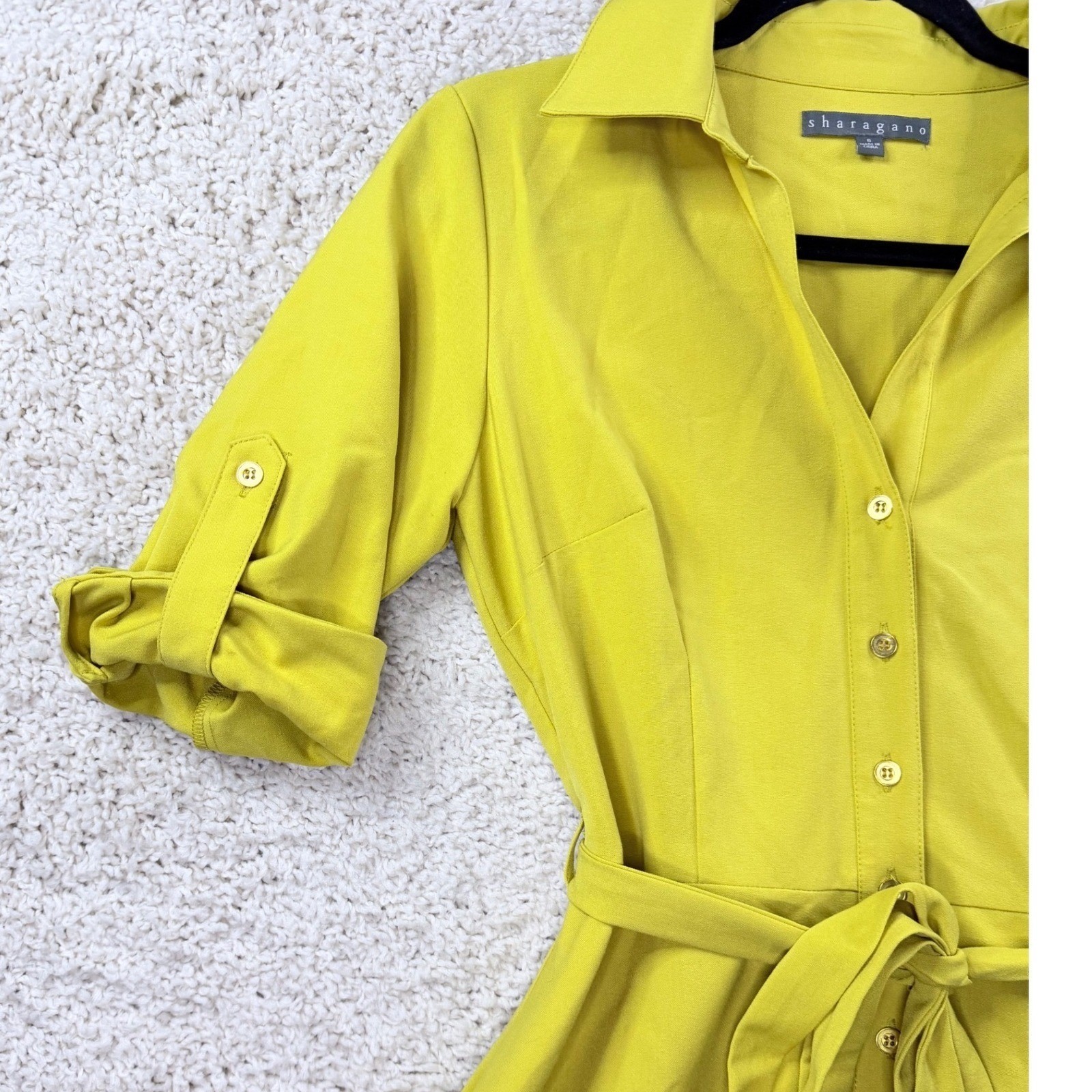 Sharagano Shirt Dress Womens 6 Yellow Excellent Roll Tab Sleeve Belted A-Line