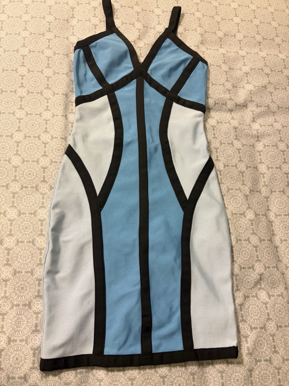 Blue White Black Colorblock Bodycon Mini Dress V-Neck Strappy Stretch Jersey S