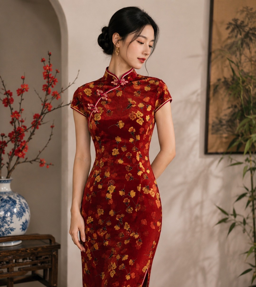 Women’s Red Floral Velvet Look Chinese