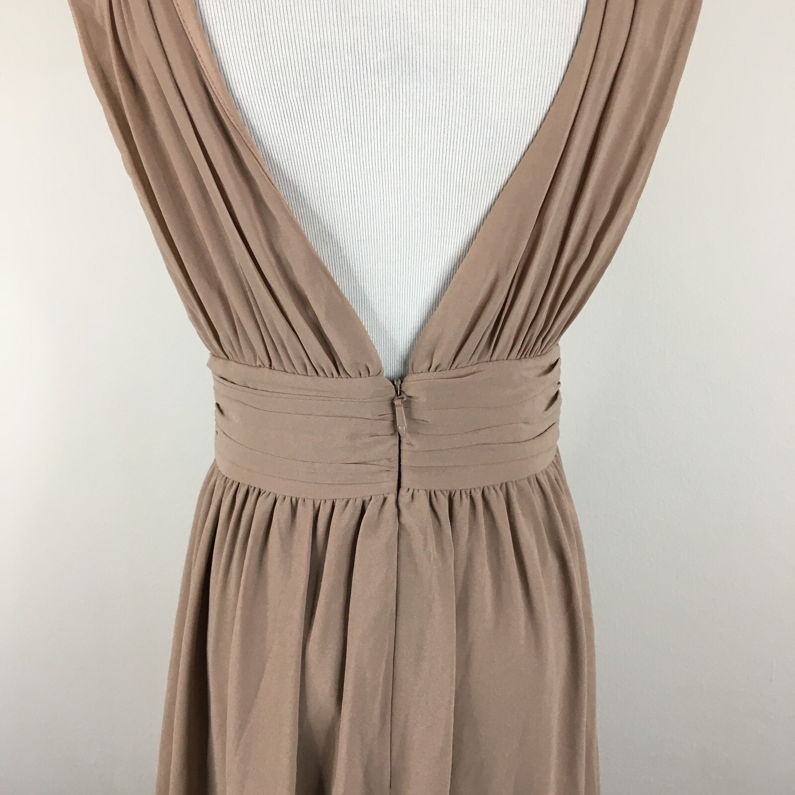 LULU’S Womens sz Small Taupe/Stone Low V Neck & Back Chiffon Lined Gown Dress