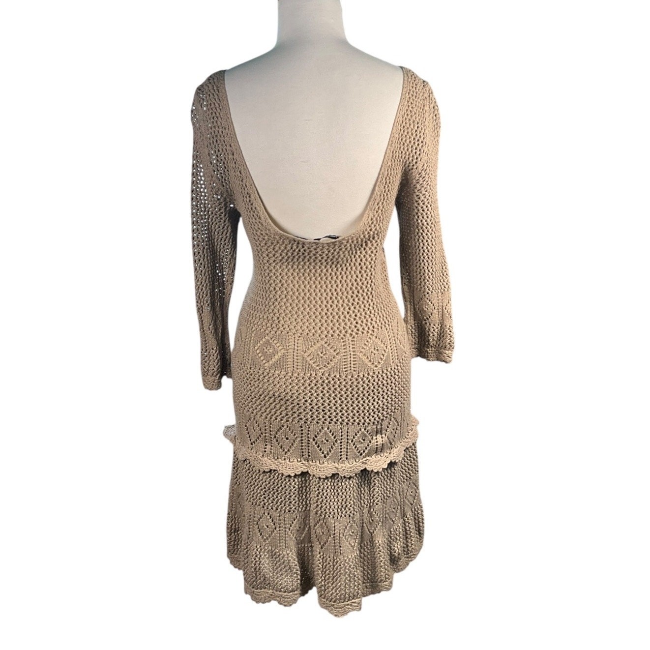 Quiet Luxury Crochet Knit Dress Neutral Old Money Resort Classic L Midi Low Back