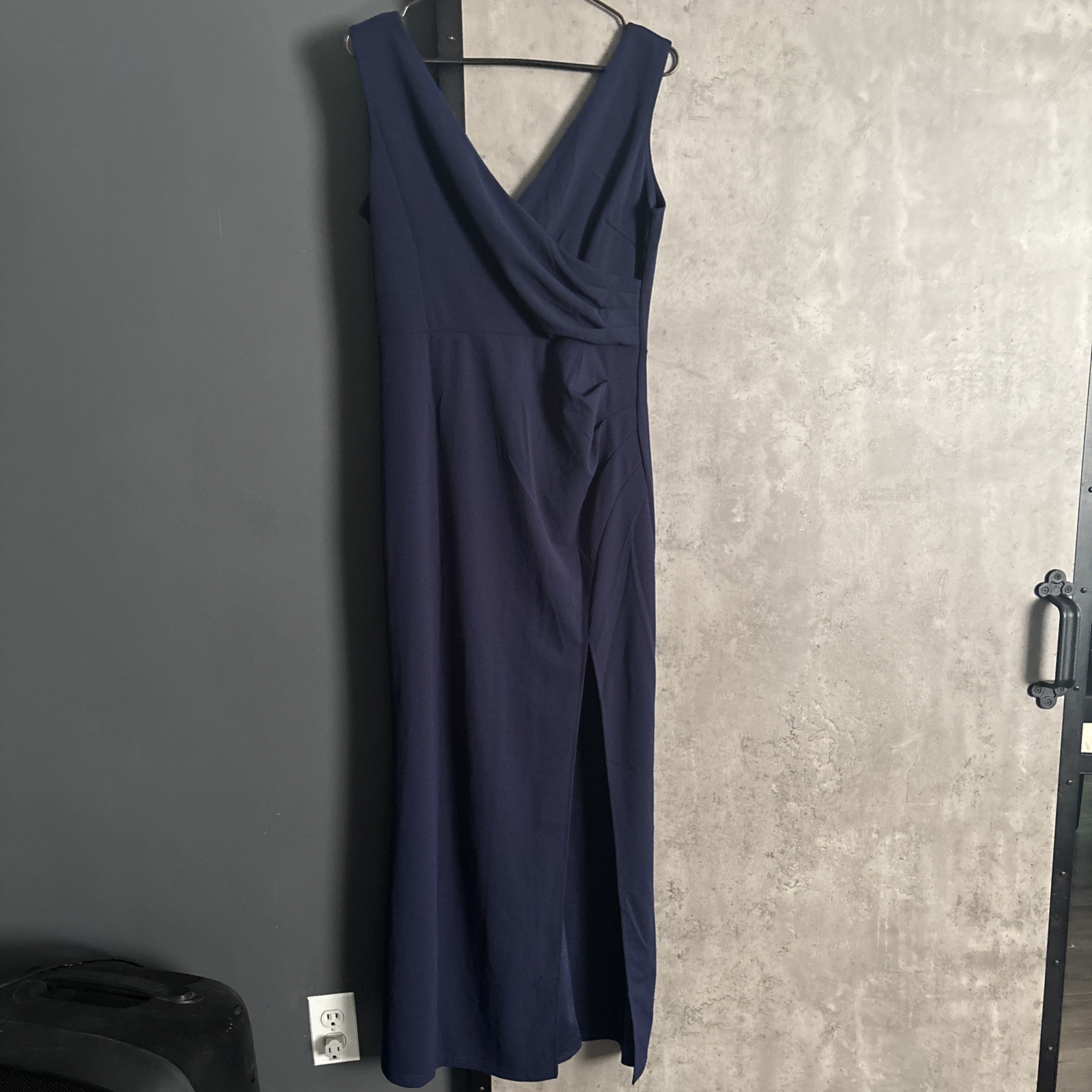 WOOSEA Women Sleeveless V Neck Split Navy Blue Evening Cocktail Long Dress Large