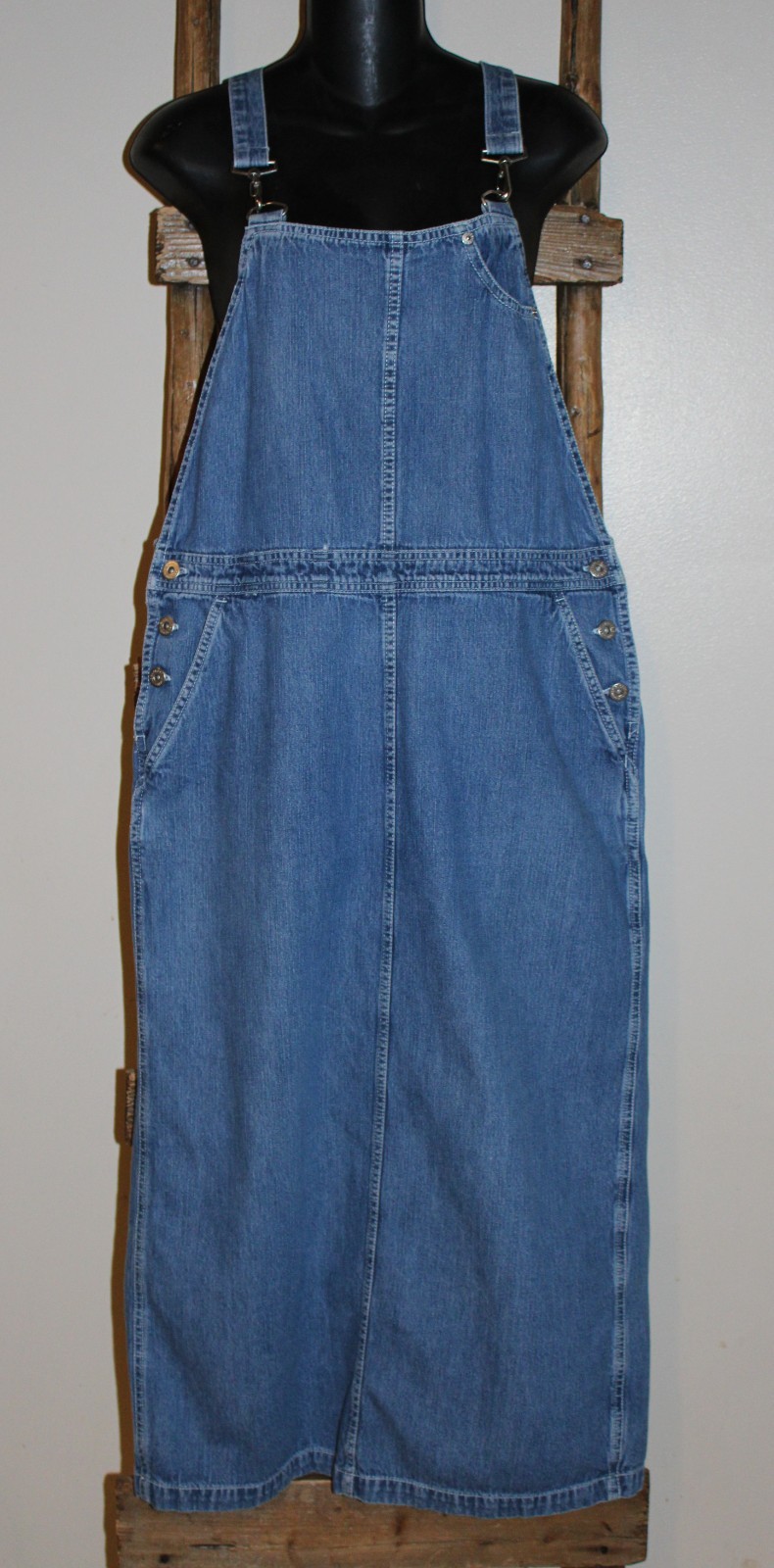 Womens~VINTAGE 90s~FADED GLORY~Medium Wash~BIB OVERALL Dress~Distressed~COTTON~M