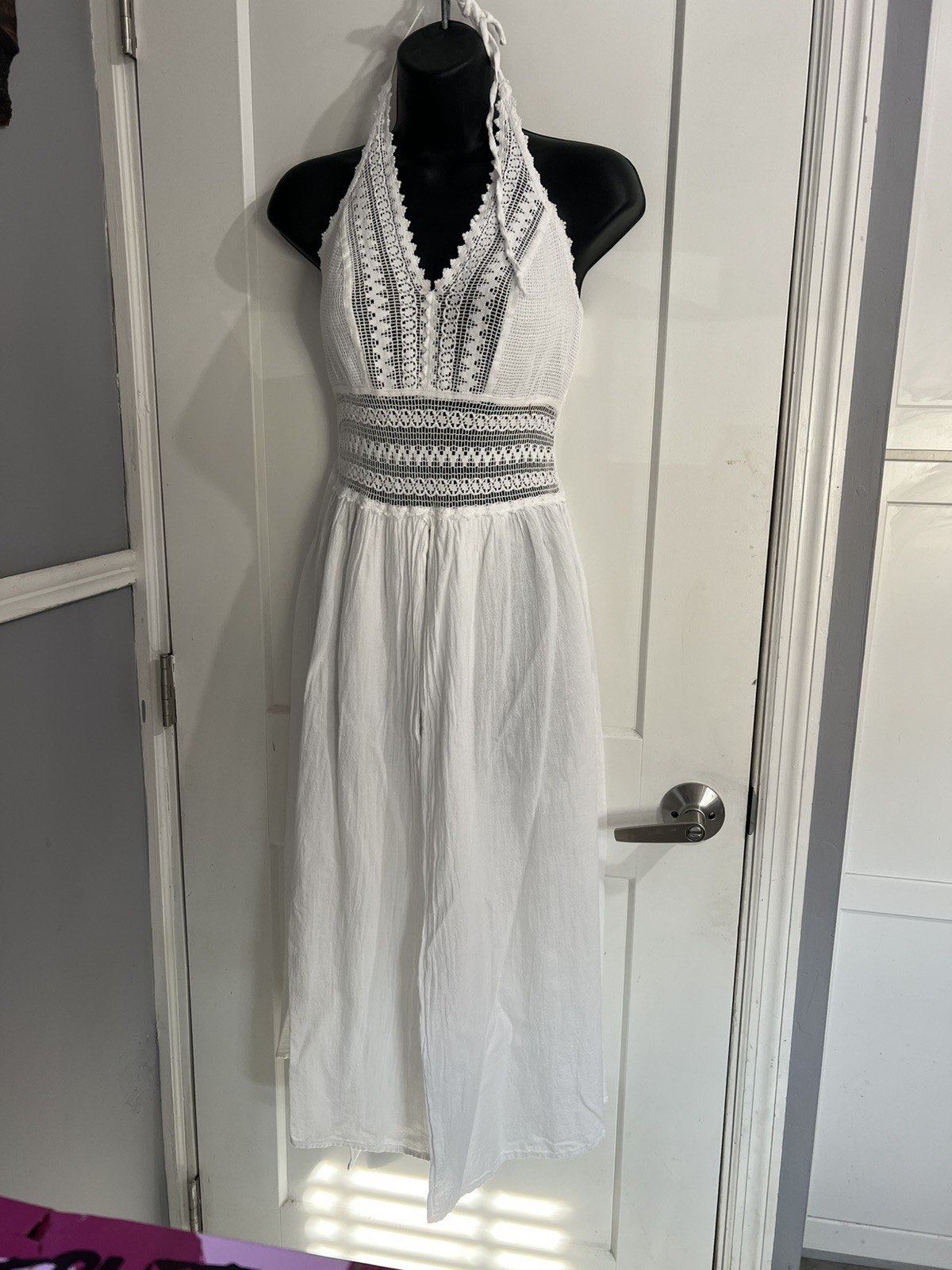 Sea Spice Resort Cotton Cover Dble Slit White Crochet Smocked Halter Dress Sz M