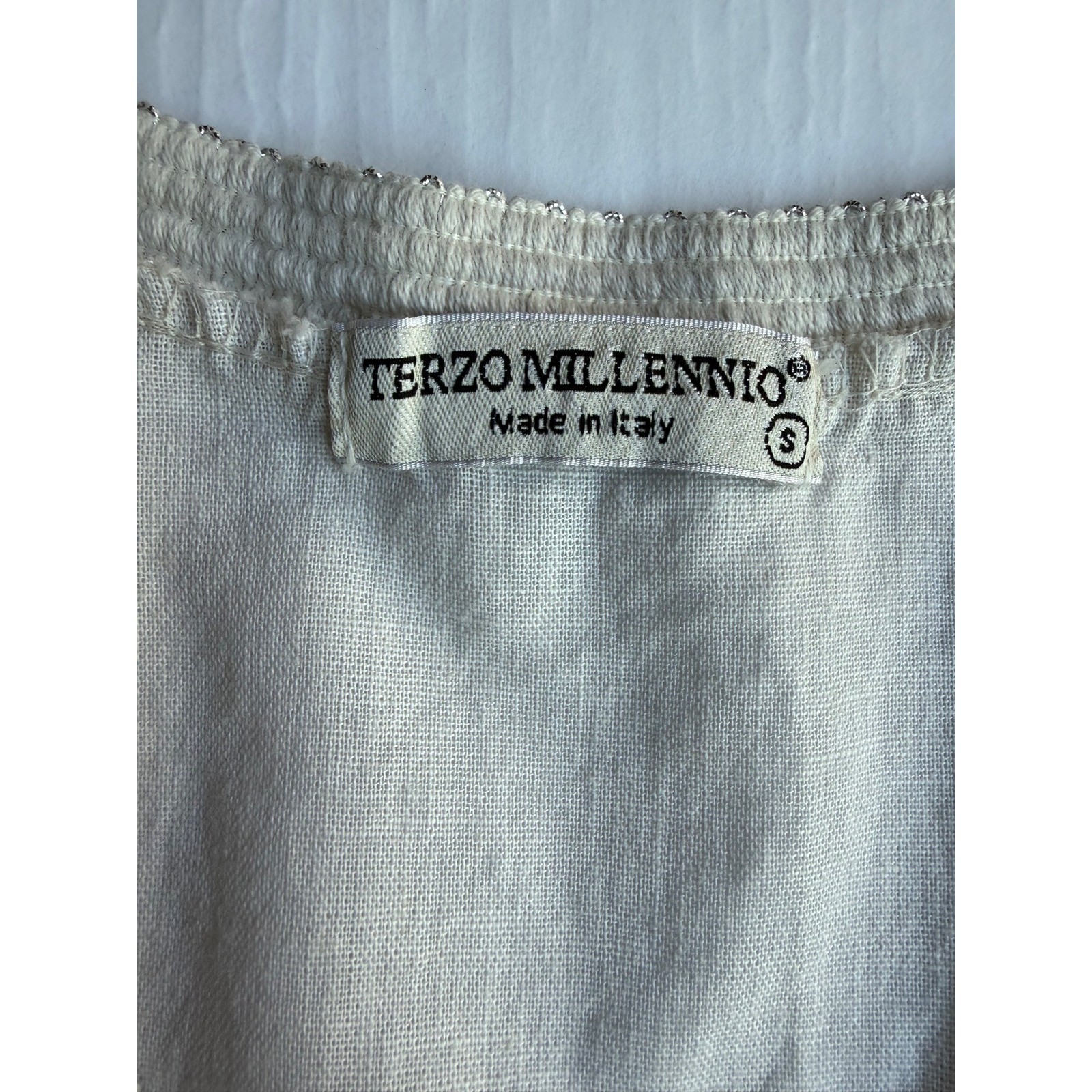 Terzo Millennio Italy White Linen Cotton Metallic Trim V-Neck Dress S