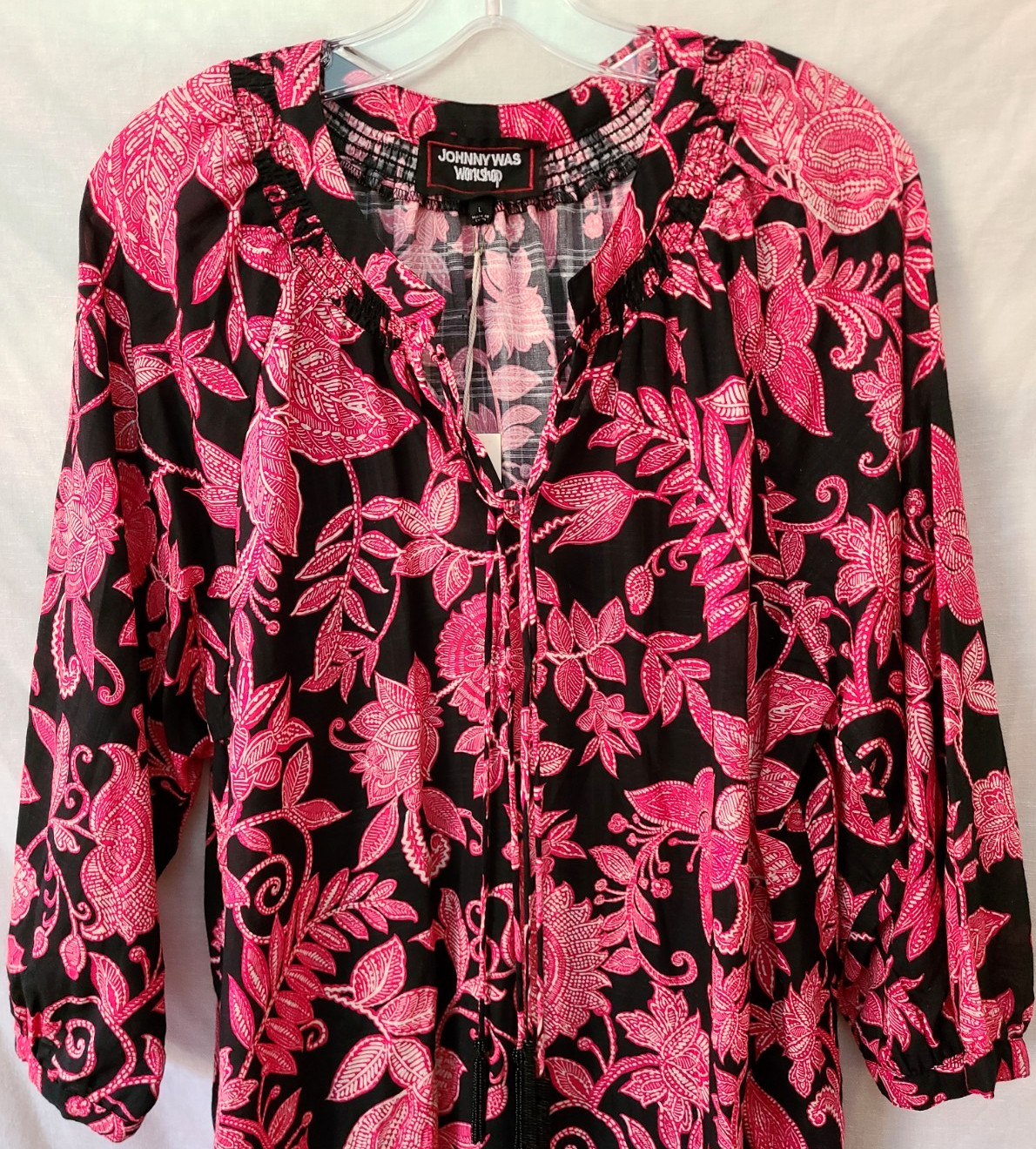 $248 JOHNNY WAS SZ L ALYCIA BEADED TASSEL DRESS LEAF PRINT w/ SLIP B:43″ L:39″