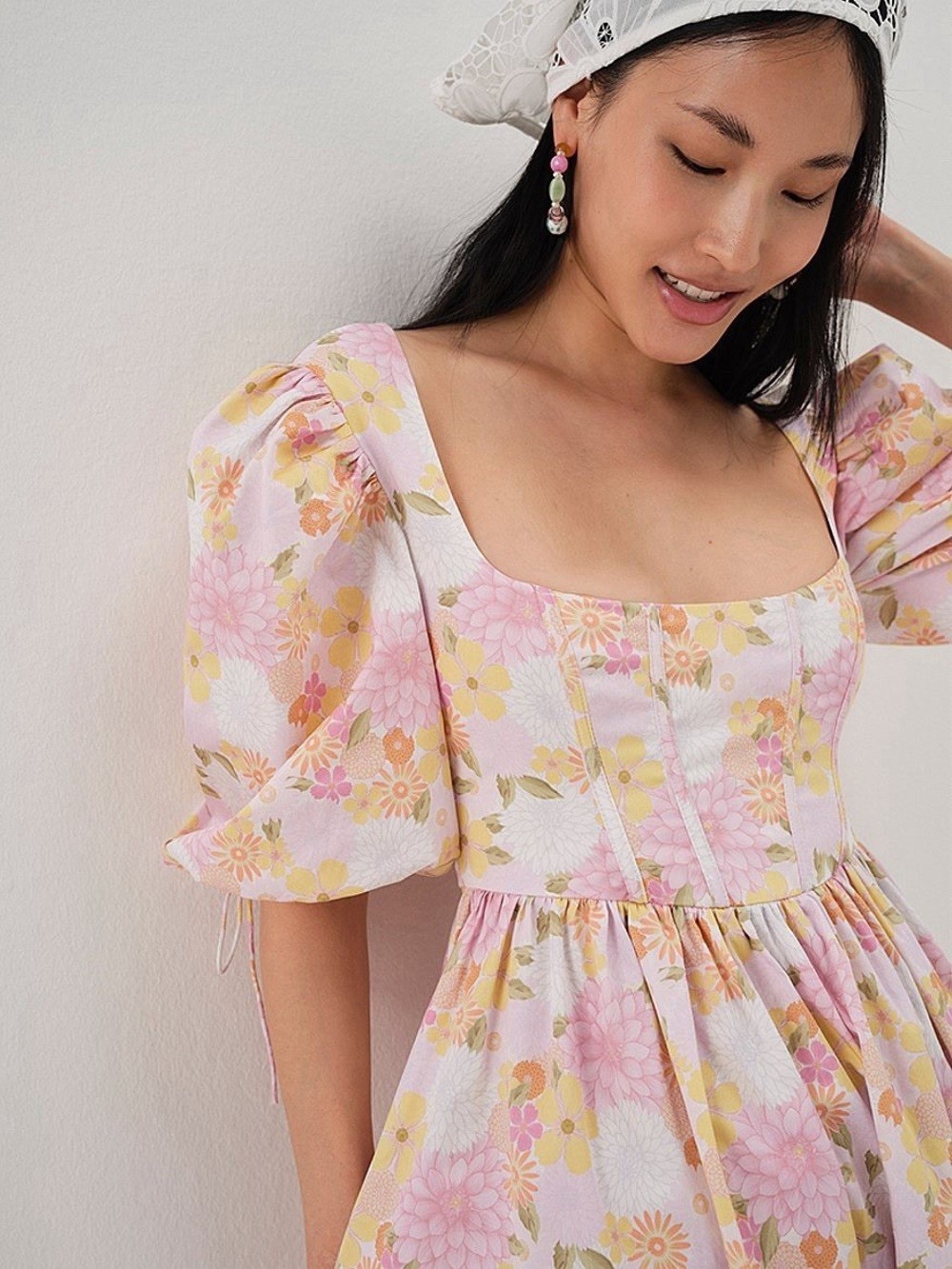 For Love and Lemons Carrie Floral Square-Neck Pink Puff-Sleeve Midi Dress