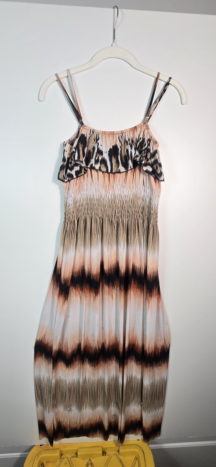 Alyx Beige Brown Black Animal Print Maxi Dress S Square Neck Strappy Smocked