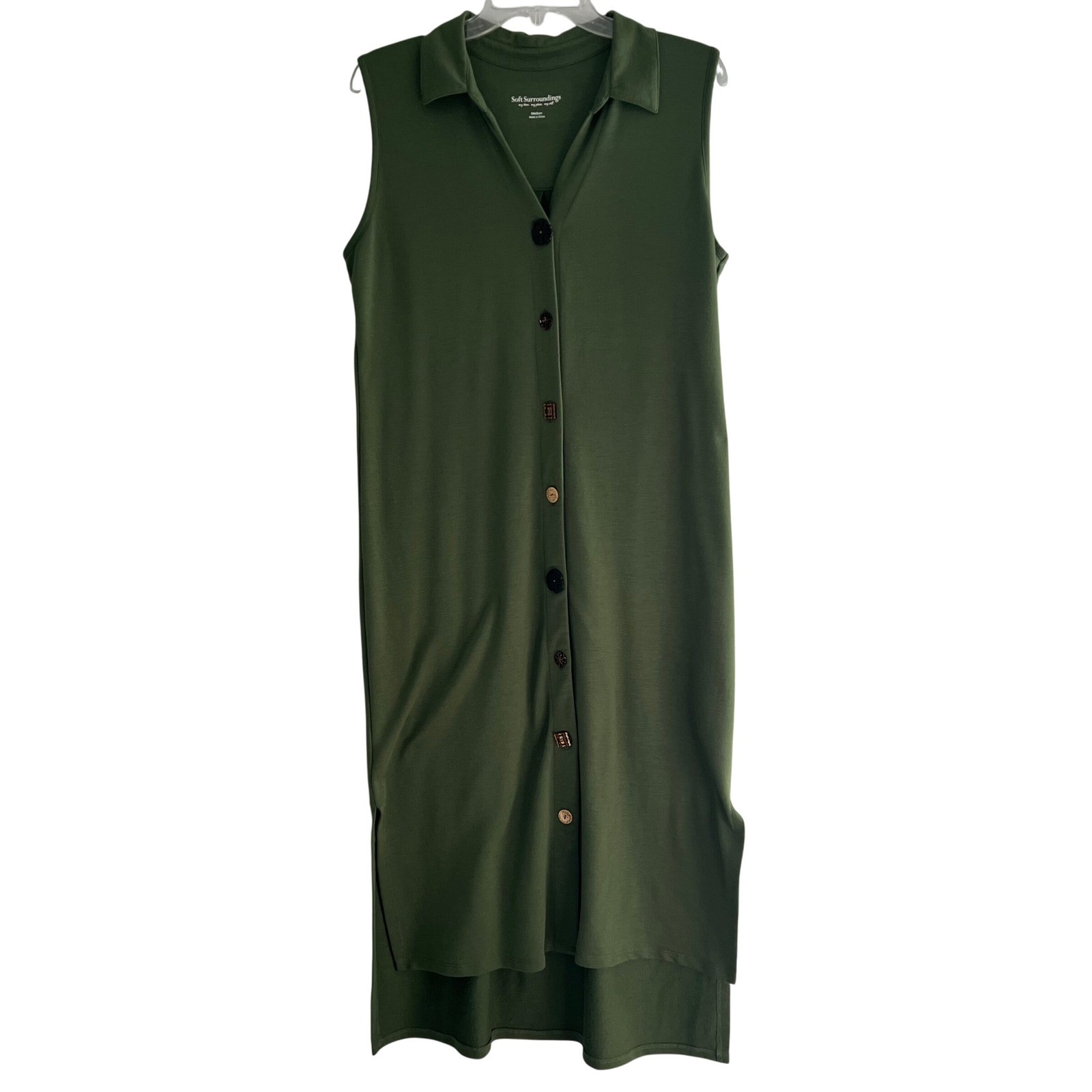 Soft Surroundings Green Sleeveless Button Front Maxi Dress Medium Minimalist