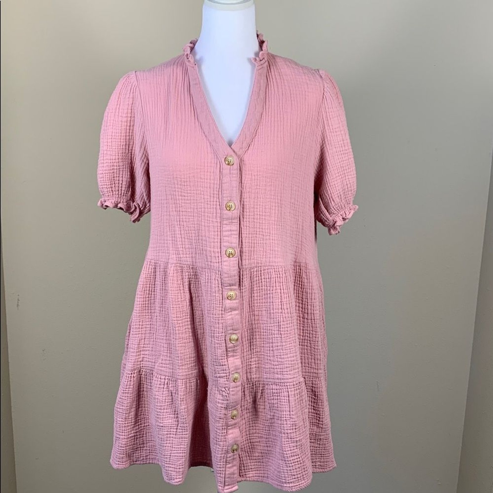 In February Pink Button-Front Gauze Tunic Dress