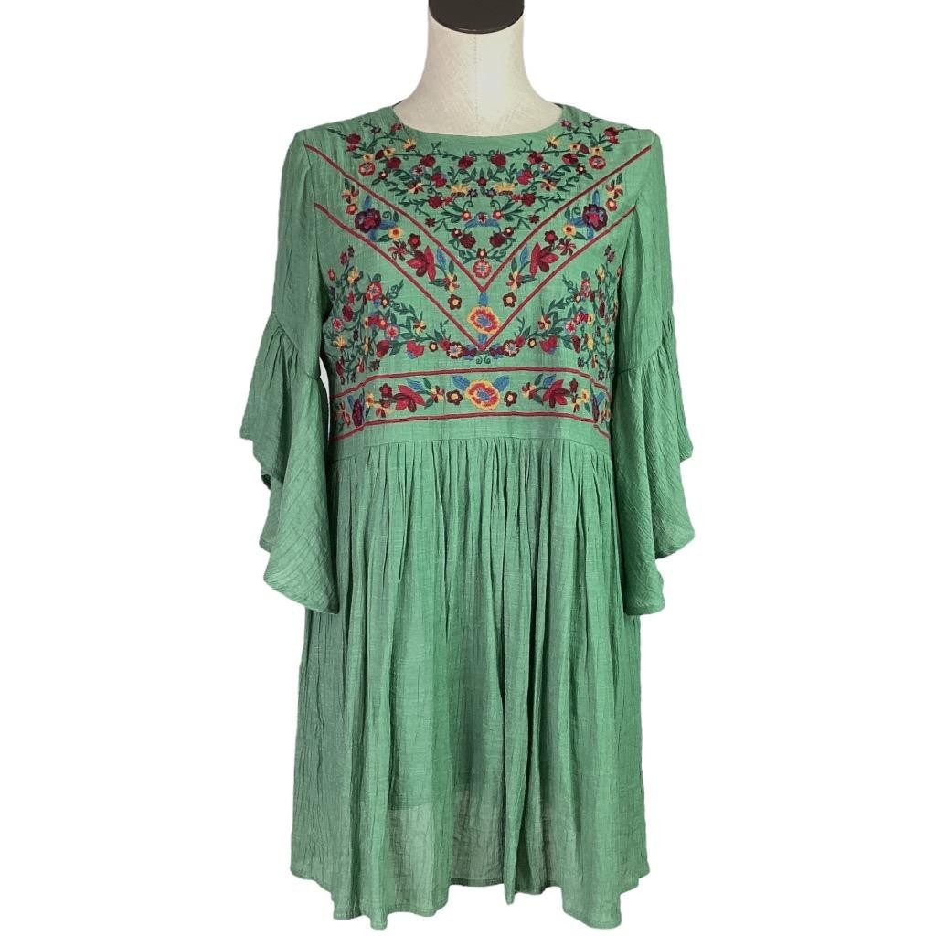 Umgee Dress Women S Green Boho Bliss Floral Embroidery 3/4 Bell Sleeve Babydoll